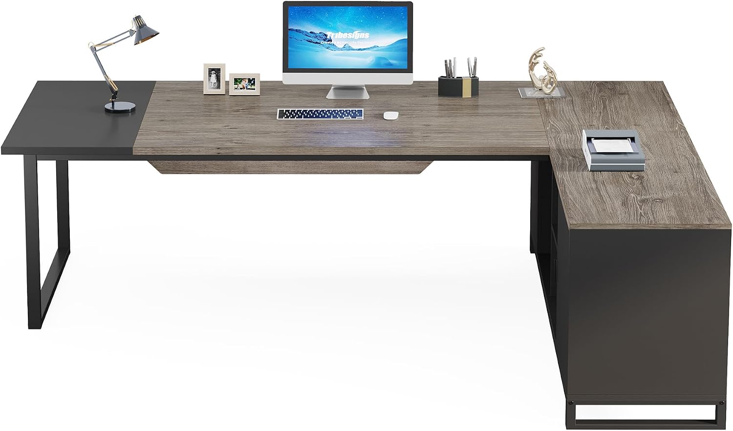 Tribesigns 70.8-Inch Executive Desk with 55-Inch File Cabinet, Large L Shaped Computer Desk with Storage Cabinet and Shelves, Industrial L-Shaped Desk for Home Office, Retro Gray & Black