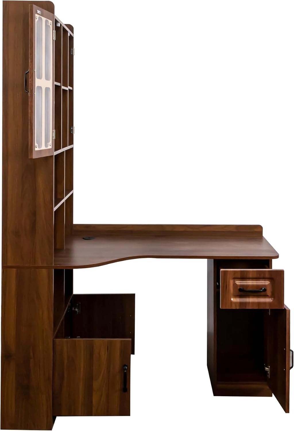 ZeHuoGe L-Shaped Corner Computer Desk for Home Office or Study Desk, Study Modern Style Table with Drawers, Bookshelf & Hutch, 2-in-1 L-Shaped Design, Large Working Space (Walnut)