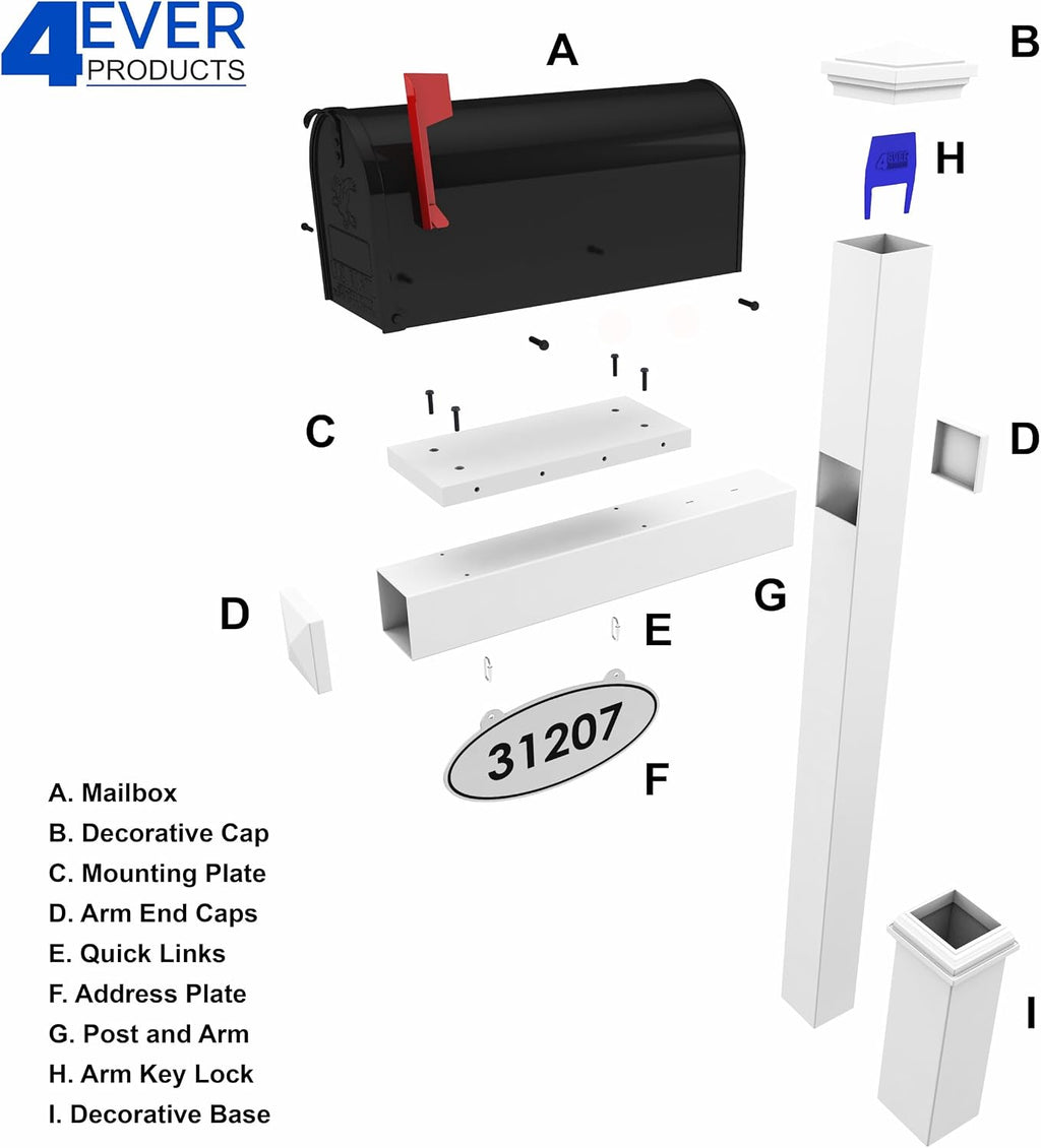 4Ever Products Vinyl Mailbox Post System - Includes Black Steel Mailbox and Custom Address Plate (Green)