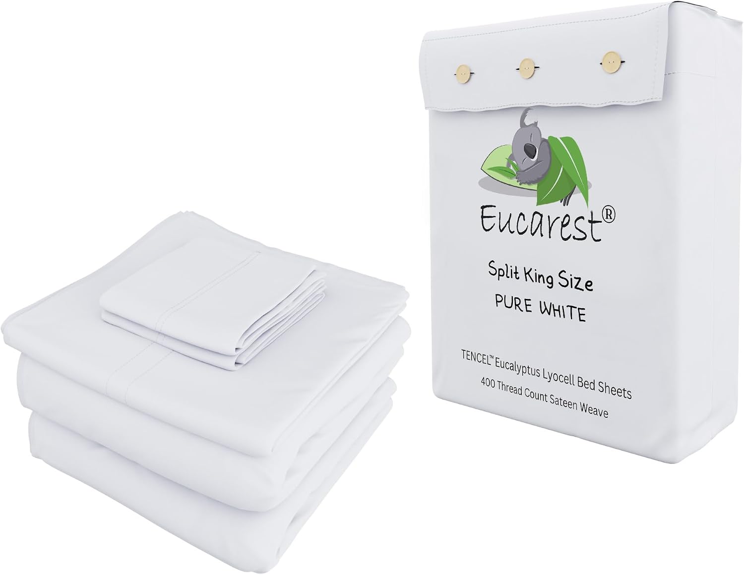Split-King Eucalyptus Lyocell Bed Sheets, Hypoallergenic 100% Organic Tencel, Thermal Regulating and Moisture Wicking for Hot Sleepers, Superior Thread Quality, Extra Deep Pockets - White