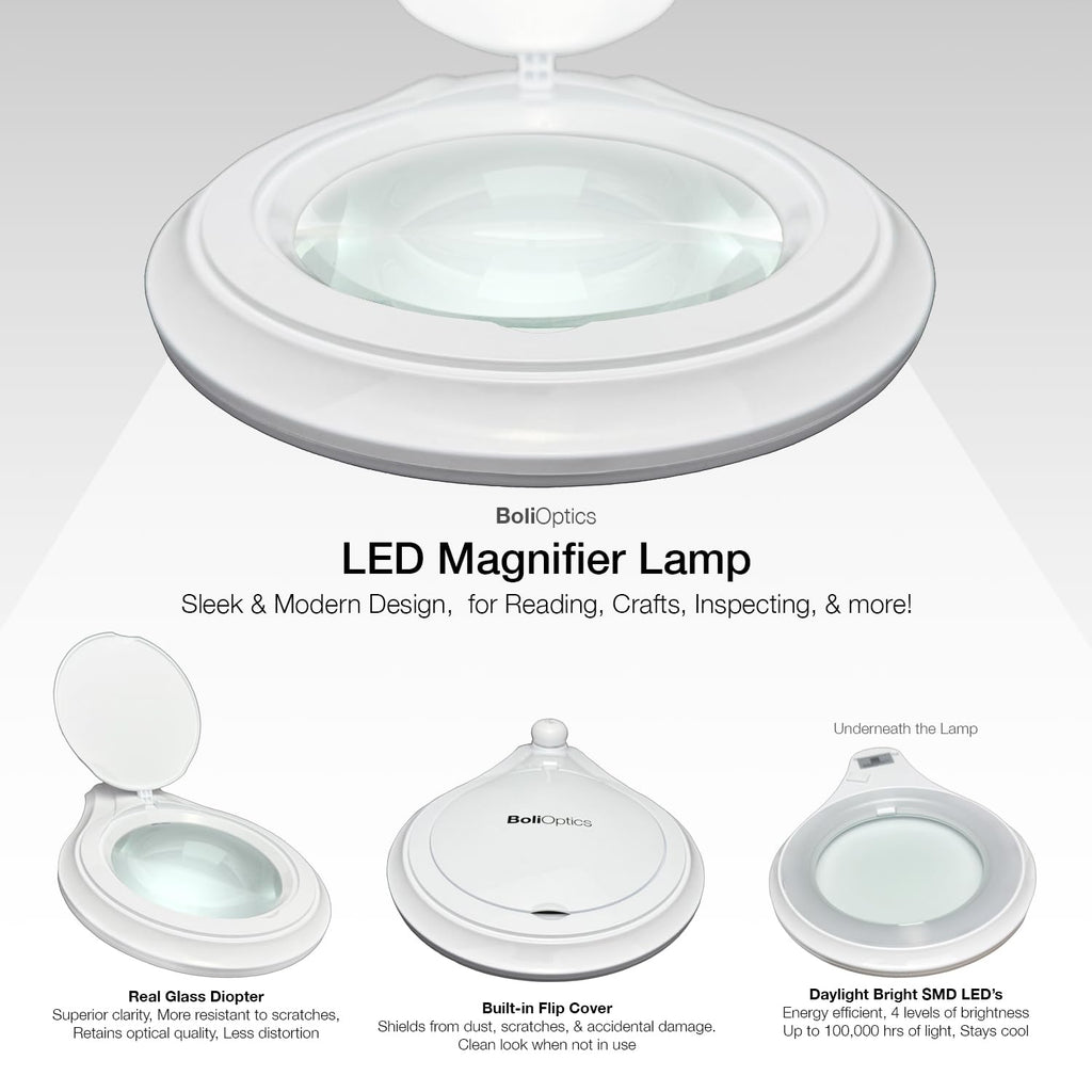 (5 inch Glass Lens) Professional LED Magnifying Lamp with Clamp, Dimmable, 1200 Lumens, 5600K-6000K Daylight Bright 60 SMD LED, Work Light Mounting Bracket Clamp (3 Diopter) BoliOptics MG16303121