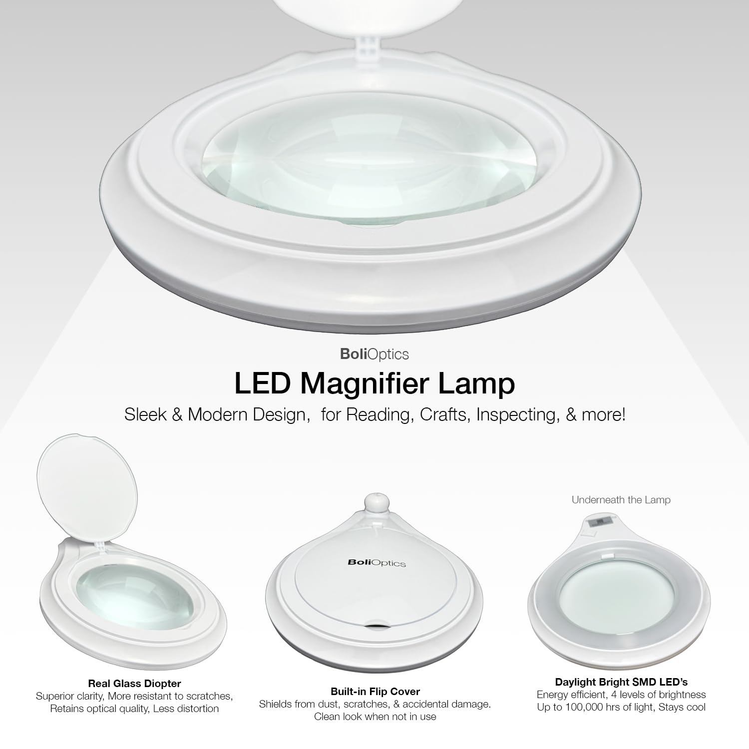 (5 inch Glass Lens) Professional LED Magnifying Lamp with Clamp, Dimmable, 1200 Lumens, 5600K-6000K Daylight Bright 60 SMD LED, Work Light Mounting Bracket Clamp (3 Diopter) BoliOptics MG16303121
