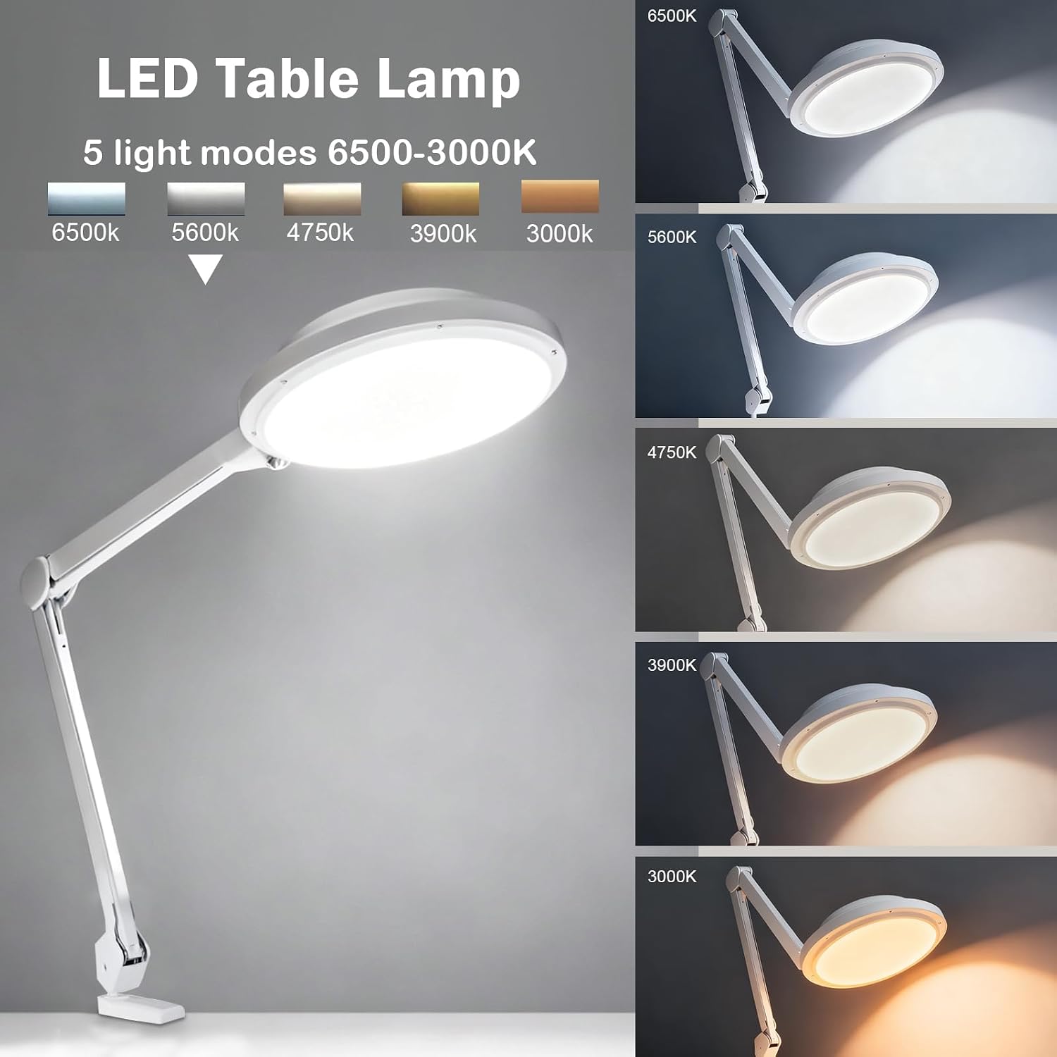 30W LED Desk Lamp with Clamp, 95+CRI, 5 CCT Modes & Dimmable, High CRI>95, Flexible Adjustable Task Light for Office, Makeup, Workbench, Crafts(White)