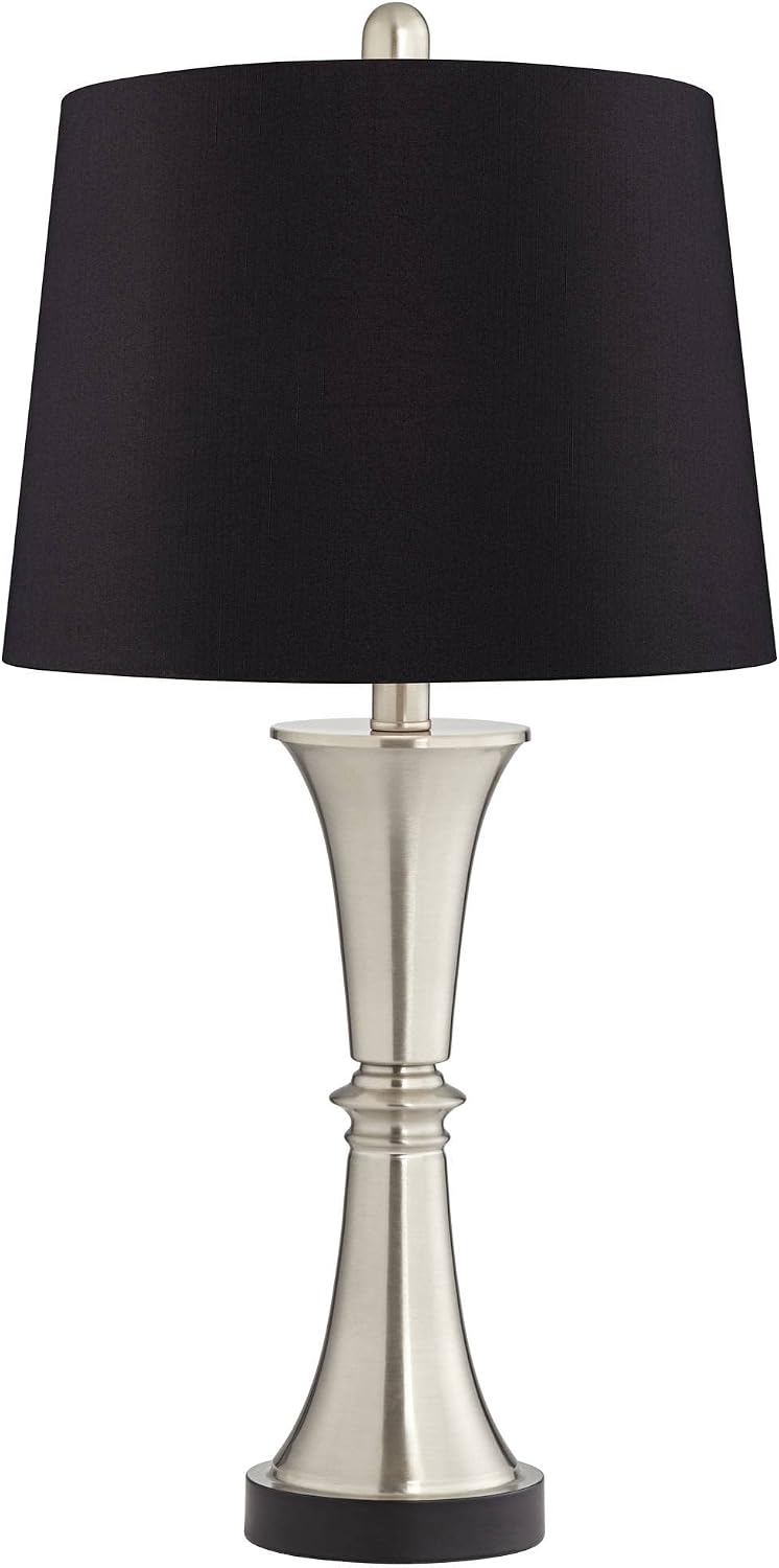 360 Lighting Seymore Modern Table Lamps 26' Tall Set of 2 with USB Charging Port Silver LED Touch On Off Black Faux Silk Drum Shade for Bedroom Living Room House Home Desk Bedside Nightstand