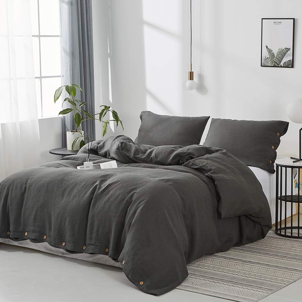 Simple&Opulence 100% Linen Duvet Cover Set 3pcs with Coconut Button Closure Natural French Washed Flax Solid Color Soft Breathable Farmhouse Bedding - Dark Grey, Queen Size