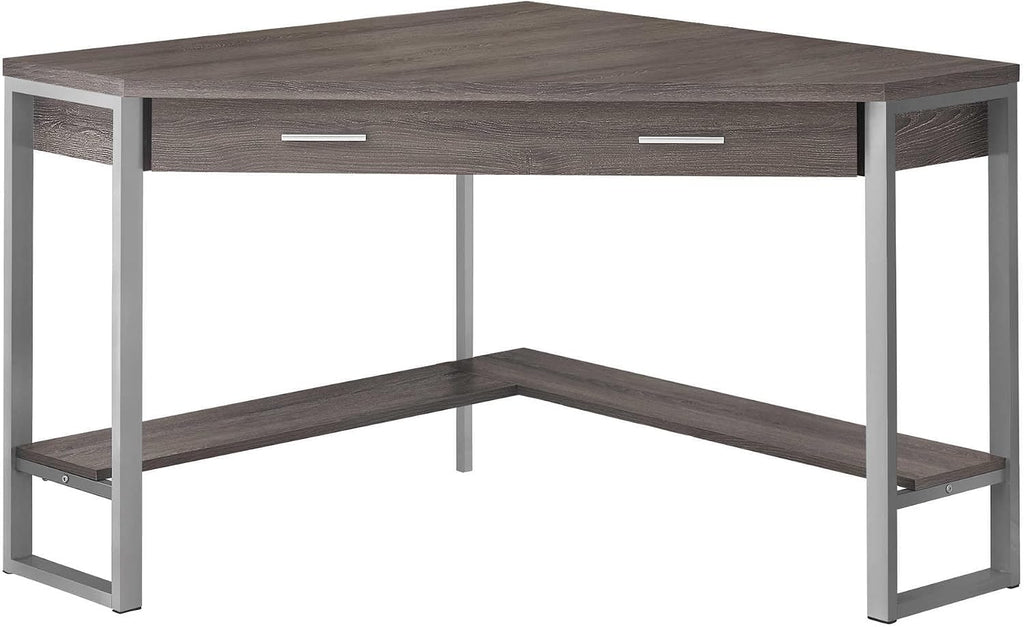 Pemberly Row Corner Computer Desk, 42' L x 42' D x 30' H, Taupe Wood Look Finish, Silver Metal Frame, Drawer and Bottom Shelf, Space-Saving Design for Home Office or Workstation Use