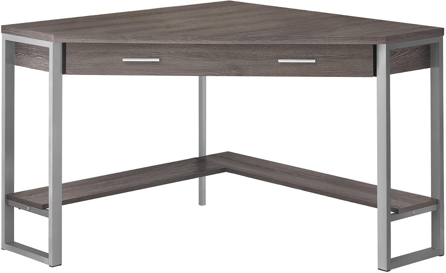 Pemberly Row Corner Computer Desk, 42' L x 42' D x 30' H, Taupe Wood Look Finish, Silver Metal Frame, Drawer and Bottom Shelf, Space-Saving Design for Home Office or Workstation Use