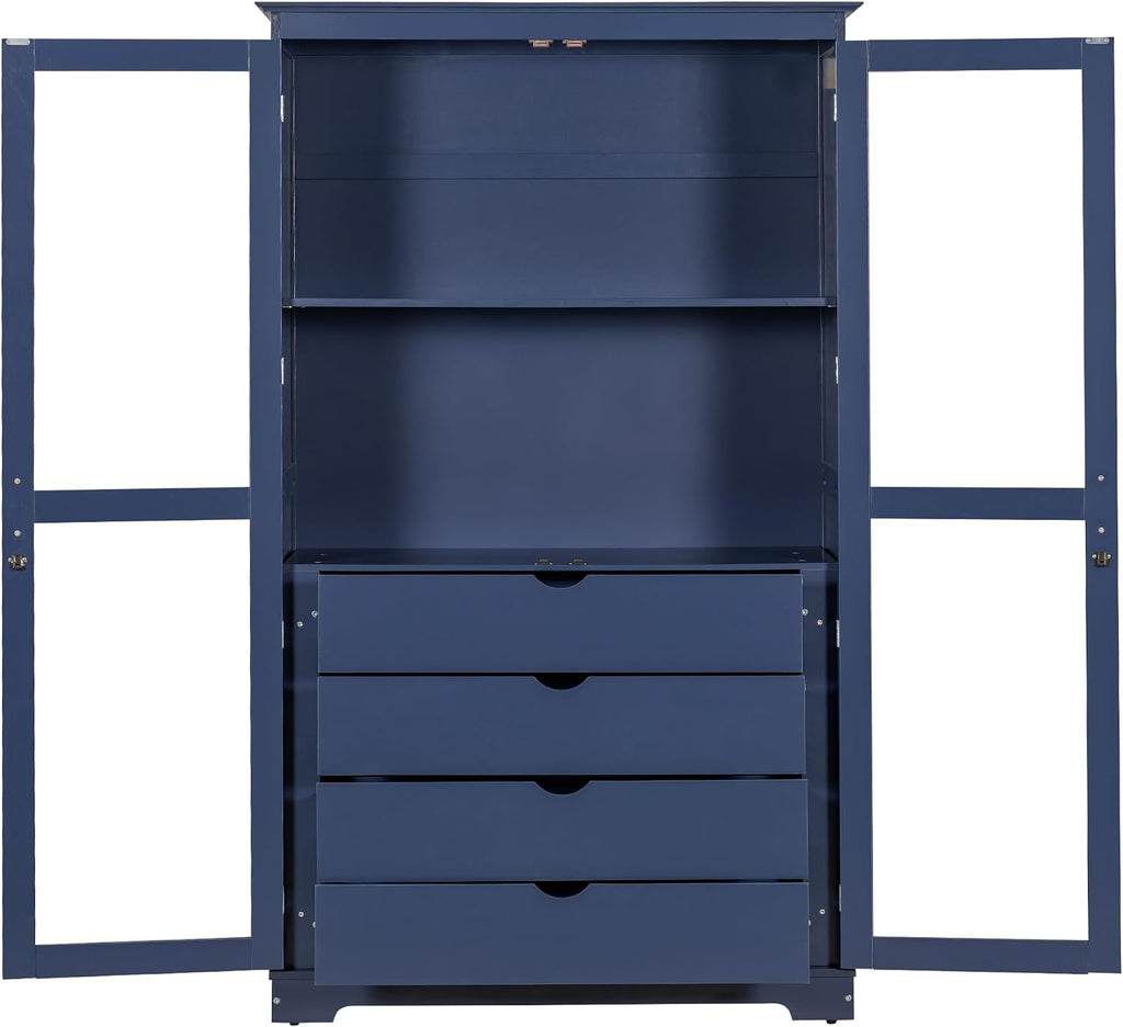 Modern 75inch Kitchen Pantry, Freestanding Kitchen Storage Cabinet Display Cabinet with Glass Doors and 4 Built-in Drawers for Living Room, Home Office (Blue-30r)