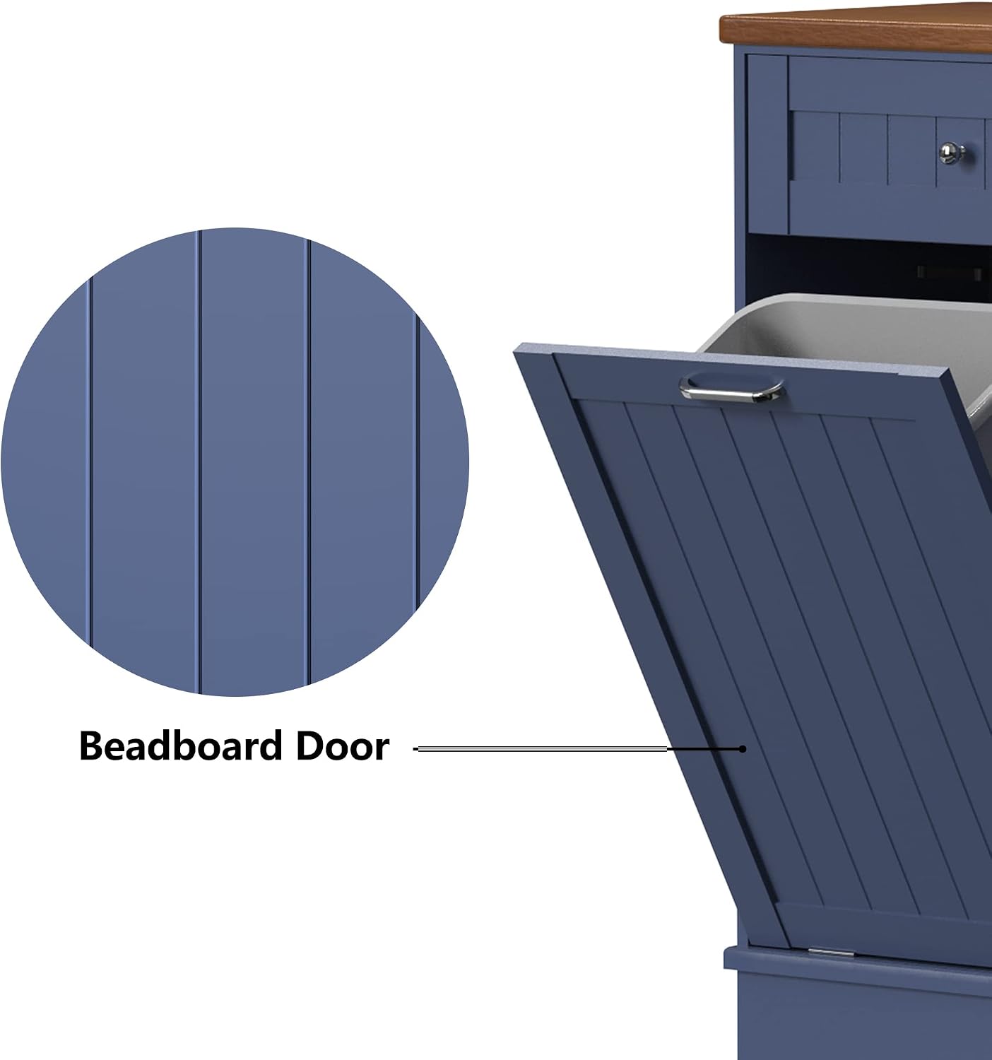TOLEAD Tilt Out Trash Cabinet,Antique-Style Beadboard Kitchen Island with Solid Wood Tabletop & Drawer, Pet Proof Trash Can, Wood Laundry Cabinet (Blue, Double Door)