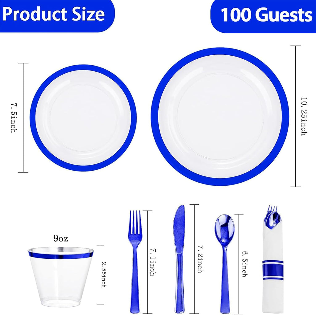 I00000 700 Piece Blue Plastic Dinnerware Set for Party, Clear Disposable Plates for 100 Guests, Include: 100 Dinner Plates, 100 Dessert Plates, 100 Pre Rolled Napkins with Cutlery Set, 100 Cups