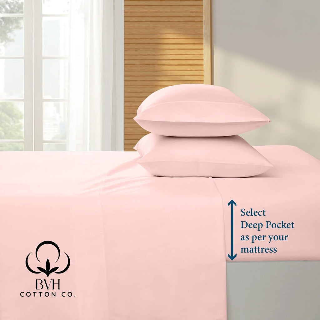 Egyptian Cotton Queen Size Sheet Set, 4Pc Bed Set, Soft & Breathable Percale Weave, Fits 10-12' Deep Pocket, Hotel-Quality 1000 Series Bed Sheets (Solid, Light Pink)