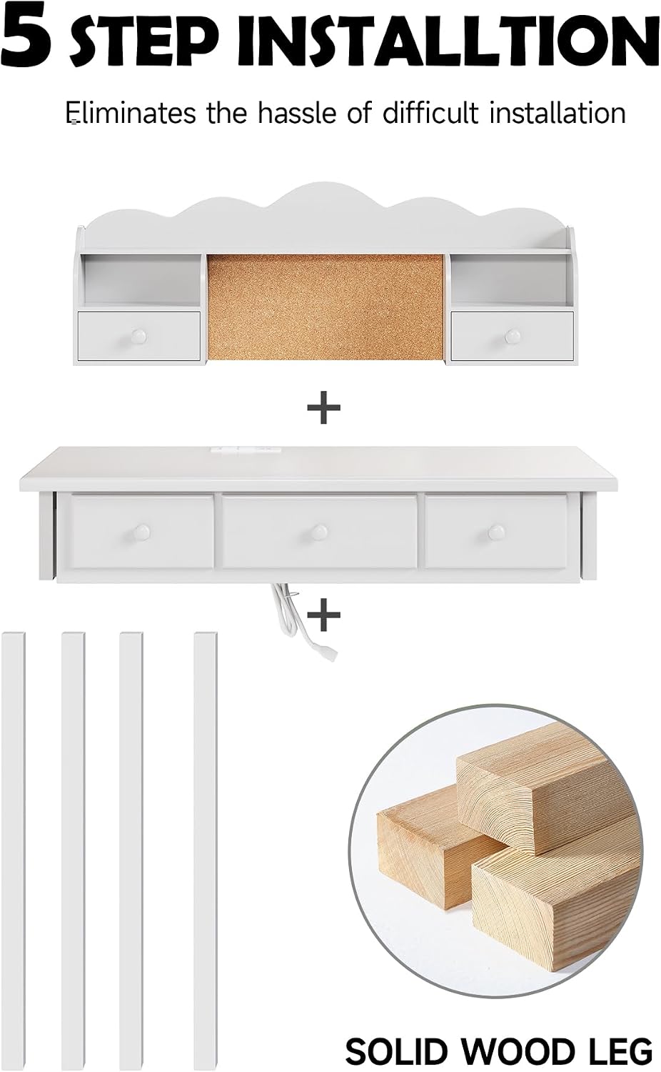 FUNKOCO Home Office Furniture Writing Desk, 36 Inch Computer Work Station with Detachable Hutch for Small Place, 5 Drawers(White)