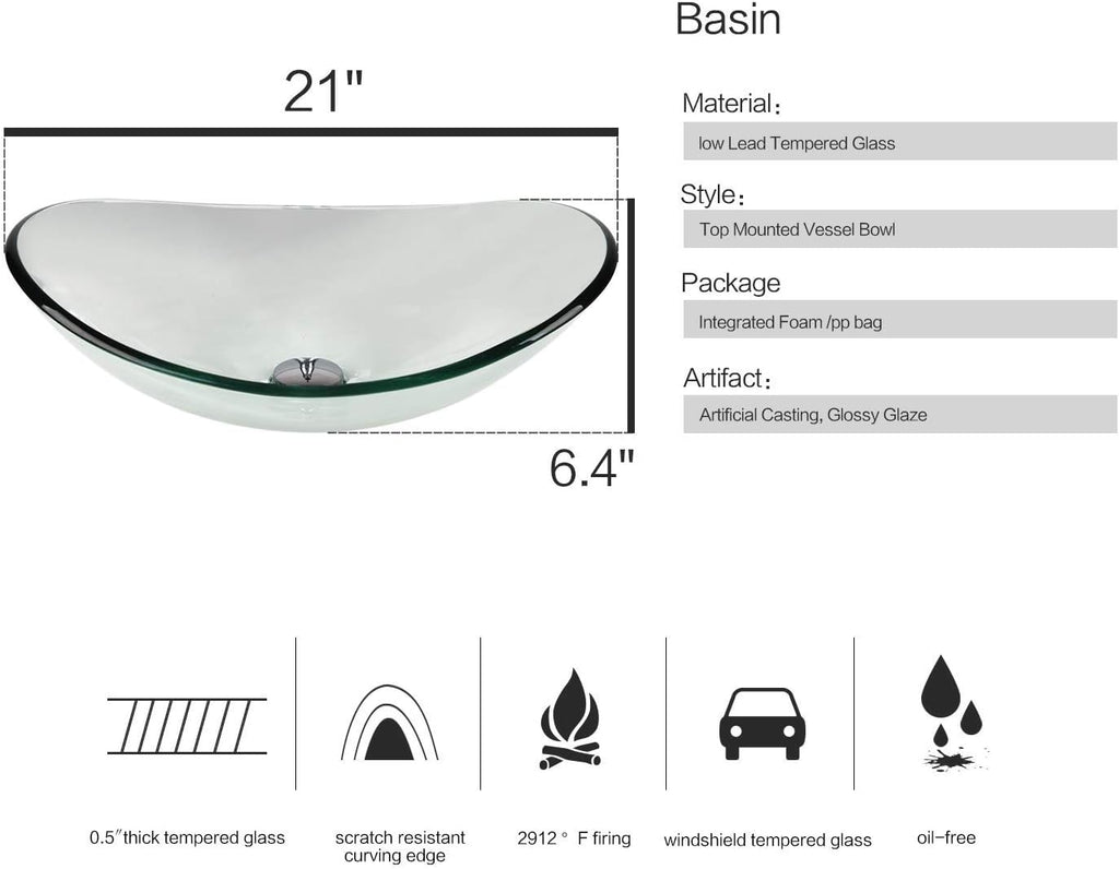 YOURLITE 24 Inches Traditional Bathroom Vanity Set with Single Faucet Hole, Clear Boat Glass Sink, White Finish, 2-Door Cabinet