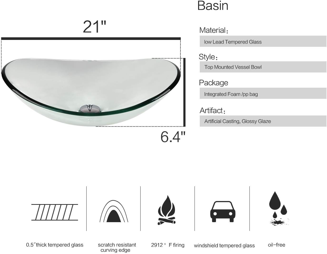 YOURLITE 24 Inches Traditional Bathroom Vanity Set with Single Faucet Hole, Clear Boat Glass Sink, White Finish, 2-Door Cabinet