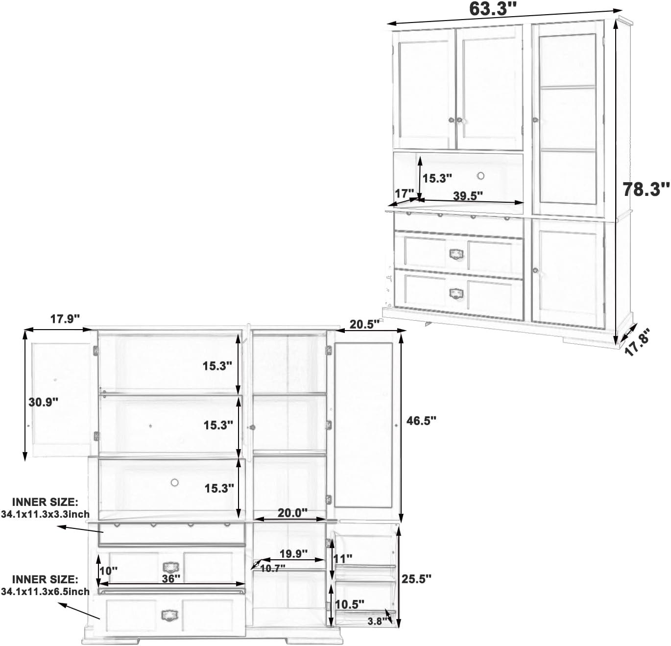 Modern 78.3 inch Large Kitchen Pantry Storage Cabinet, Traditional Buffet Cabinet with Hutch and Drawers, Wood Freestanding Tall Storage Cabinet with Door Shelf and Adjustable Shelves (Blue//2)