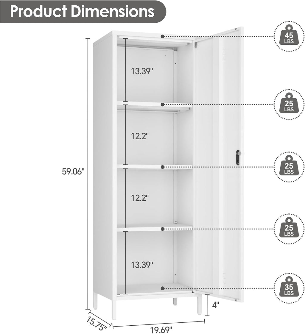 Narrow Pantry Cabinet Metal Skinny Cabinet Lockable Storage Cabinet with Door and Removable Shelves for Kitchen Pantry (White)