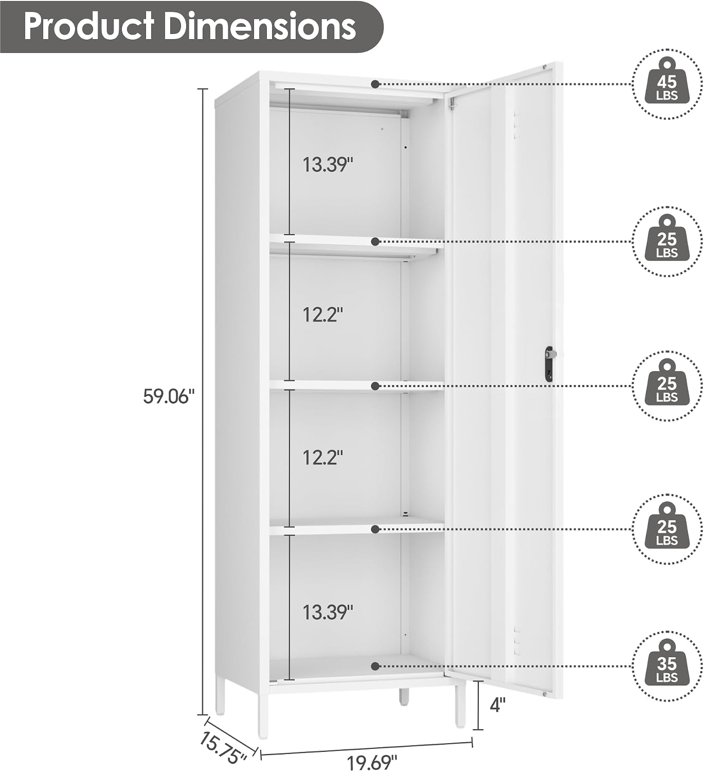Narrow Pantry Cabinet Metal Skinny Cabinet Lockable Storage Cabinet with Door and Removable Shelves for Kitchen Pantry (White)
