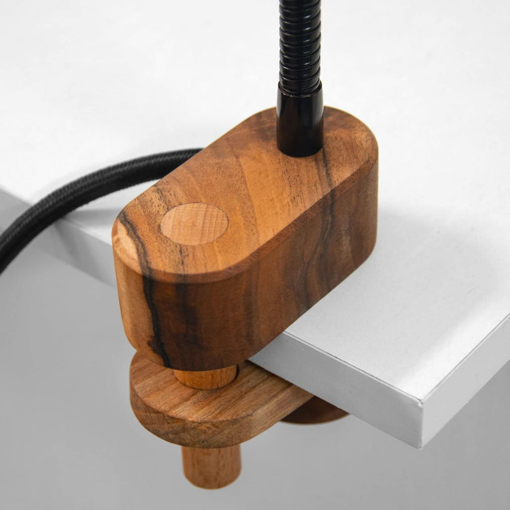 Wooden Bedside Clamp Light - Vintage Wood Led Table Lamp for Reading. Unique Modern Desk Clip Light for Bedroom, Living Room, Office. Mid-Century Scandinavian Design.