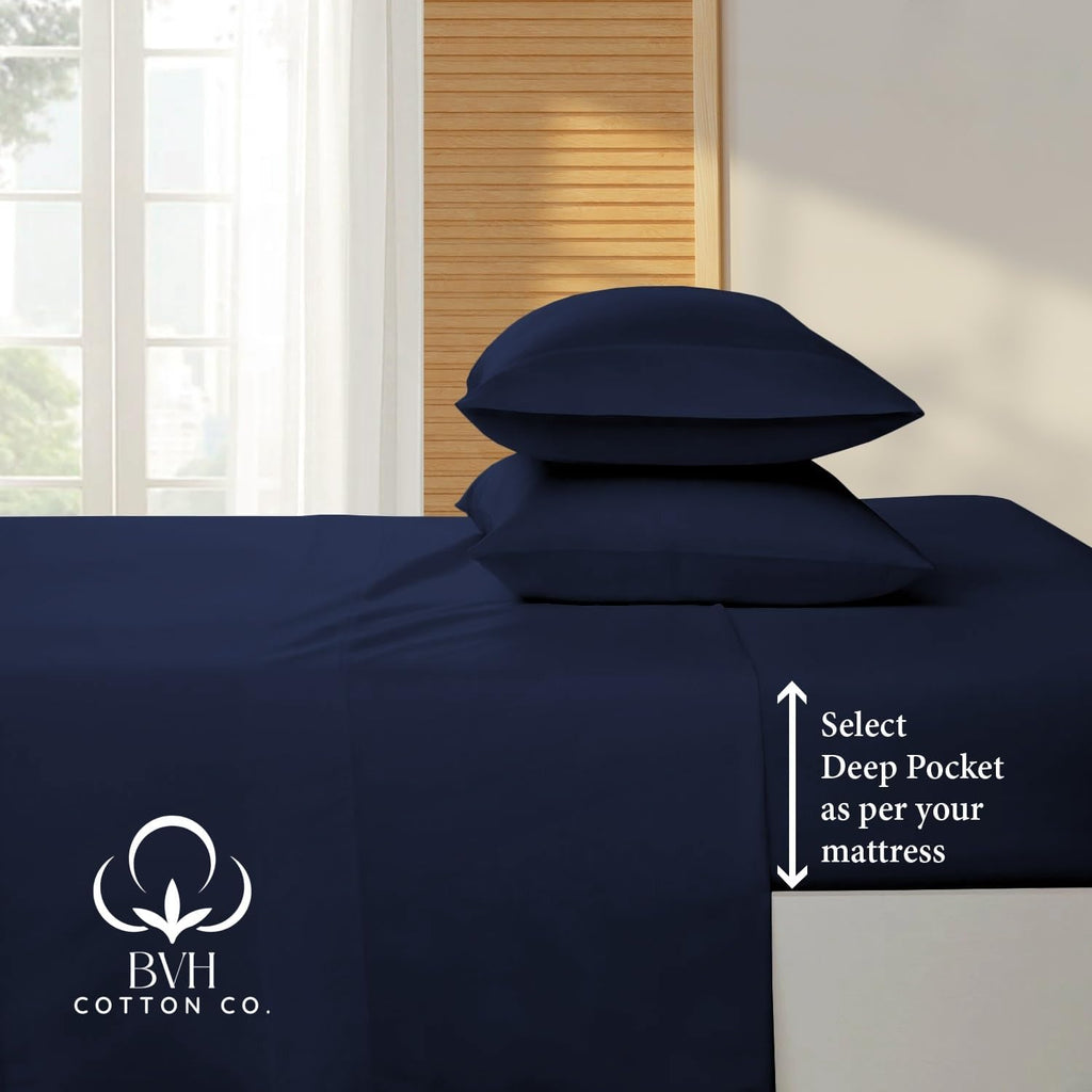 Egyptian Cotton Queen Size Sheet Set, 4Pc Bed Set, Soft & Breathable Percale Weave, Fits 10-12' Deep Pocket, Hotel-Quality 1000 Series Bed Sheets (Solid, Navy Blue)