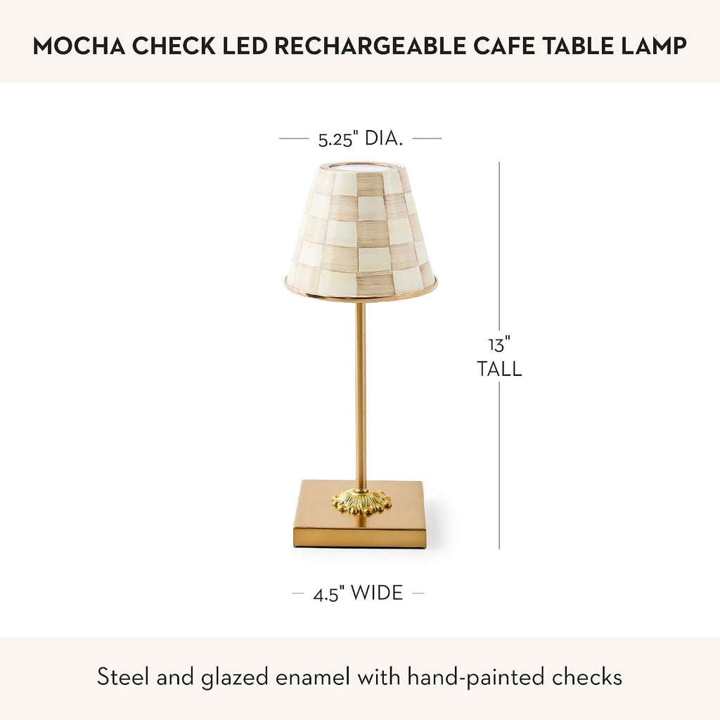 MACKENZIE-CHILDS LED Rechargeable Cafe Table Lamp, Cordless Decorative Lamp, Brown-and-White Mocha Check