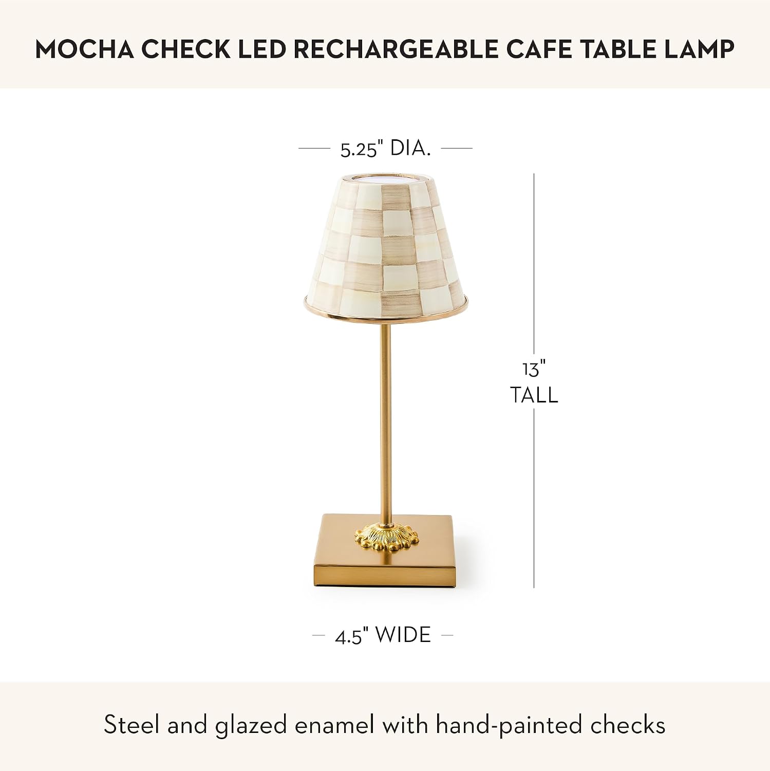 MACKENZIE-CHILDS LED Rechargeable Cafe Table Lamp, Cordless Decorative Lamp, Brown-and-White Mocha Check
