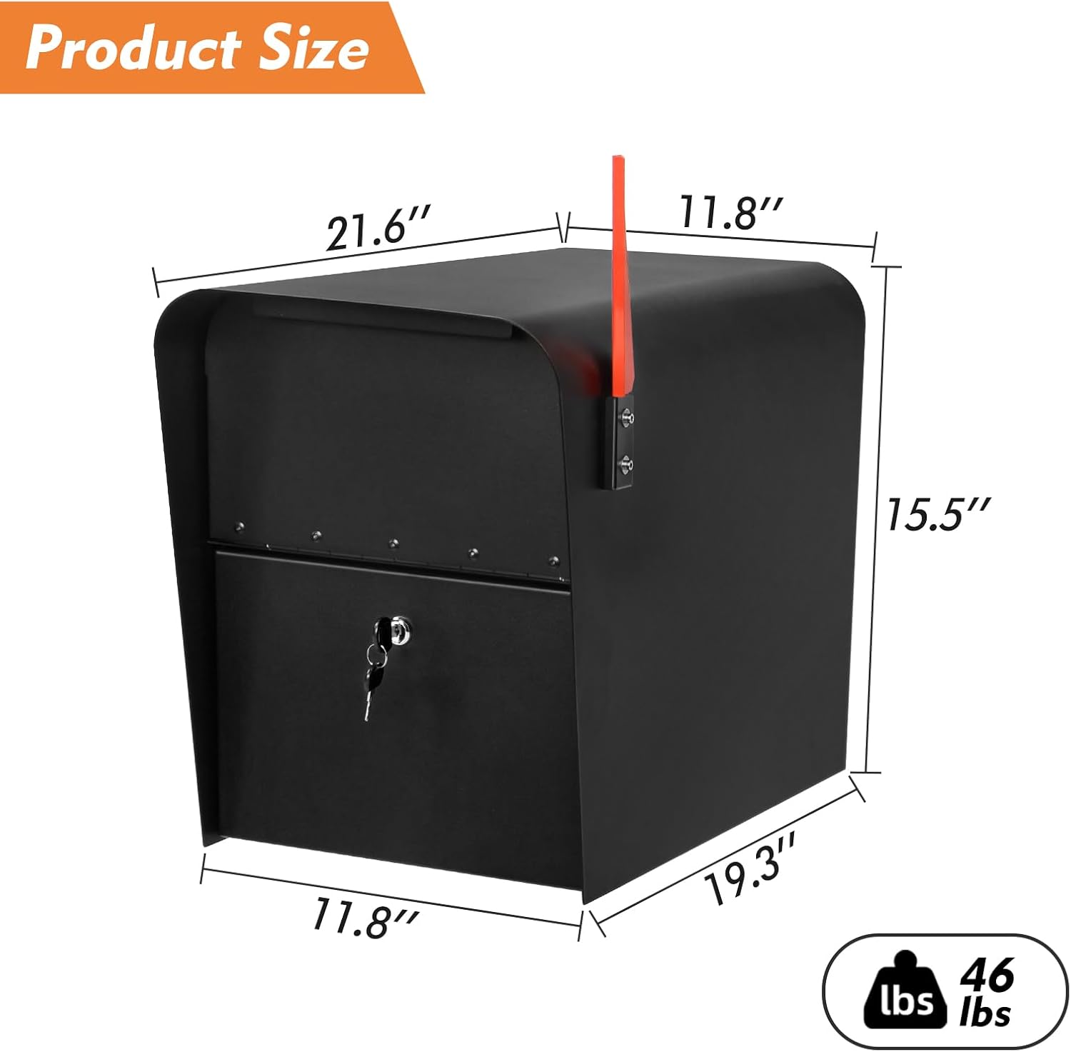 Extra Large Anti-Theft Post Mount Locking Mailbox, 21.6 x 11.8 x 16.5 Inches, High Security Parcel Mailbox with Outgoing Mail Tray, Heavy Duty Steel Mailbox for Outside, Black