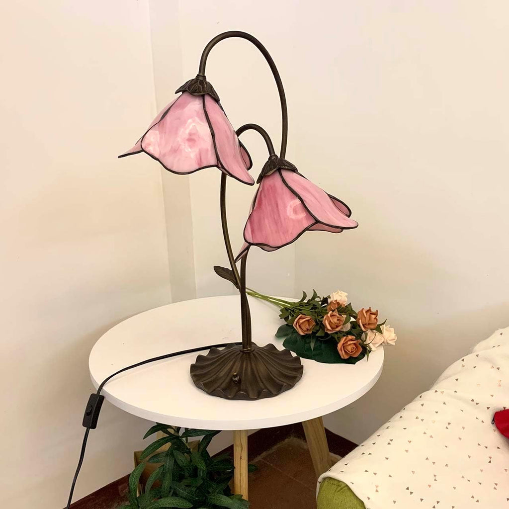 Bieye L10811 Flower Tiffany Style Stained Glass Table Lamp with 8-inch Wide Bent Glass Lampshade Lily Pad Base (2-Light, Pink)