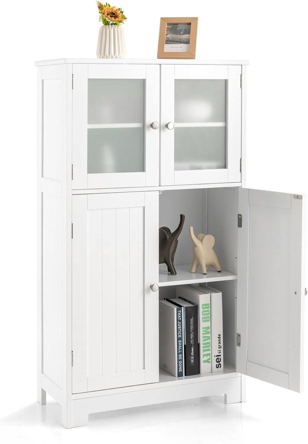 Giantex Storage Cabinet with Doors - Bathroom Floor Cabinet, Freestanding Tall Cabinet w/ 2 Tempered Glass Doors, Adjustable Shelf, Kitchen Cupboard Storage Organizer for Hallway Living Room (White)