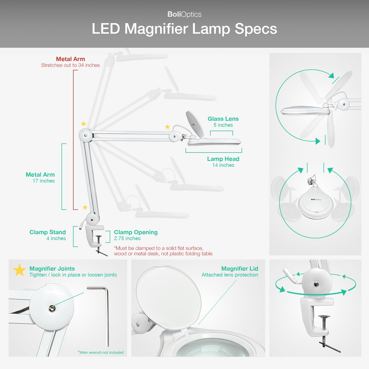 (5 inch Glass Lens) Professional LED Magnifying Lamp with Clamp, Dimmable, 1200 Lumens, 5600K-6000K Daylight Bright 60 SMD LED, Work Light Mounting Bracket Clamp (3 Diopter) BoliOptics MG16303121
