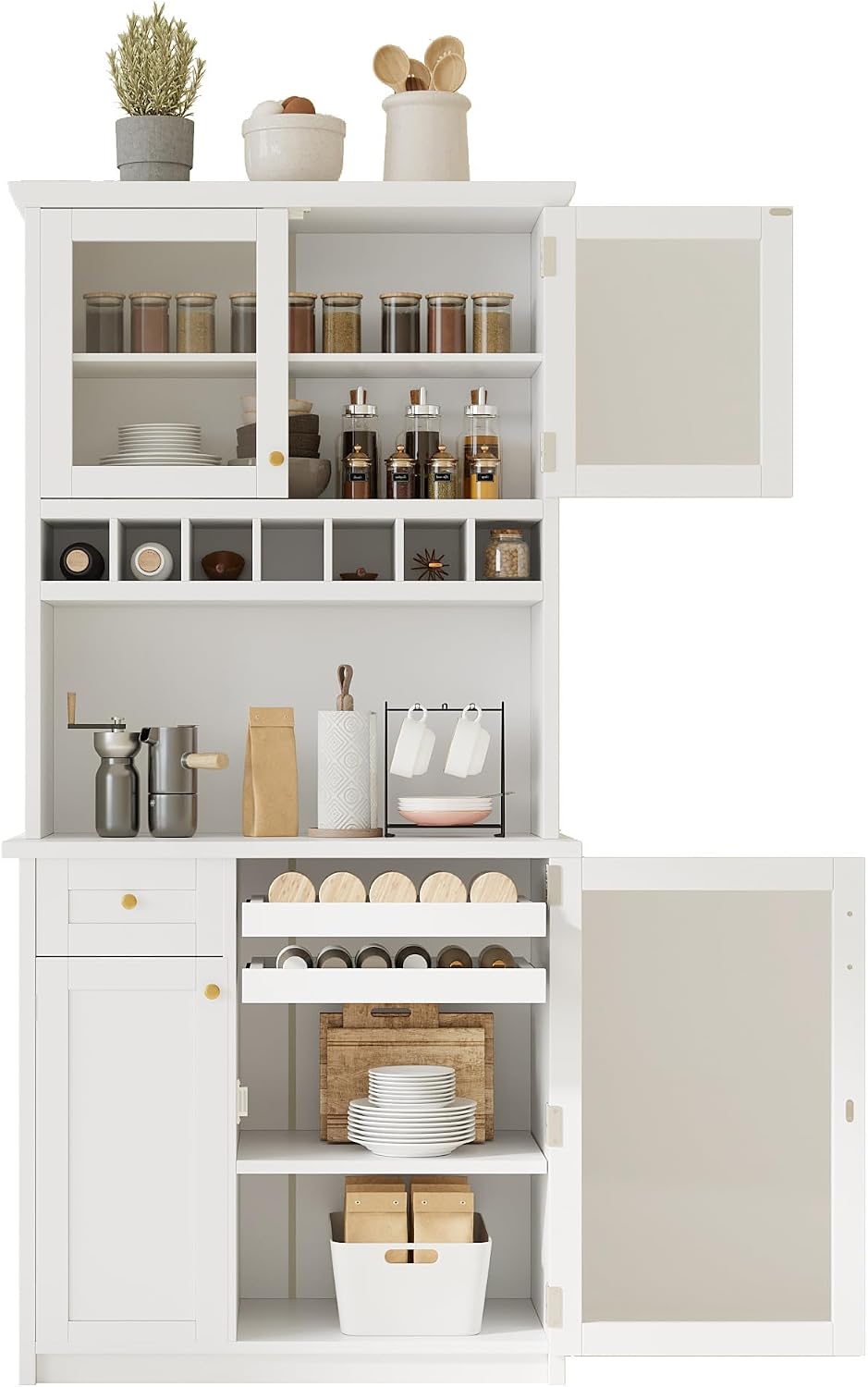 Modern 74.8 inch Tall Kitchen Pantry, Freestanding Buffet with Hutch, Kitchen Pantry Storage Cabinet with Wine Rack and Adjustable Shelves for Dining Room (White//1)