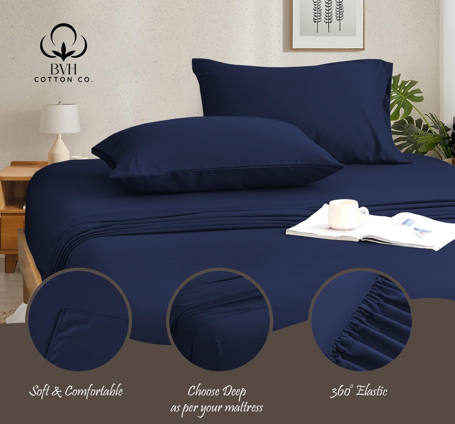Egyptian Cotton Queen Size Sheet Set, 4Pc Bed Set, Soft & Breathable Percale Weave, Fits 10-12' Deep Pocket, Hotel-Quality 1000 Series Bed Sheets (Solid, Navy Blue)