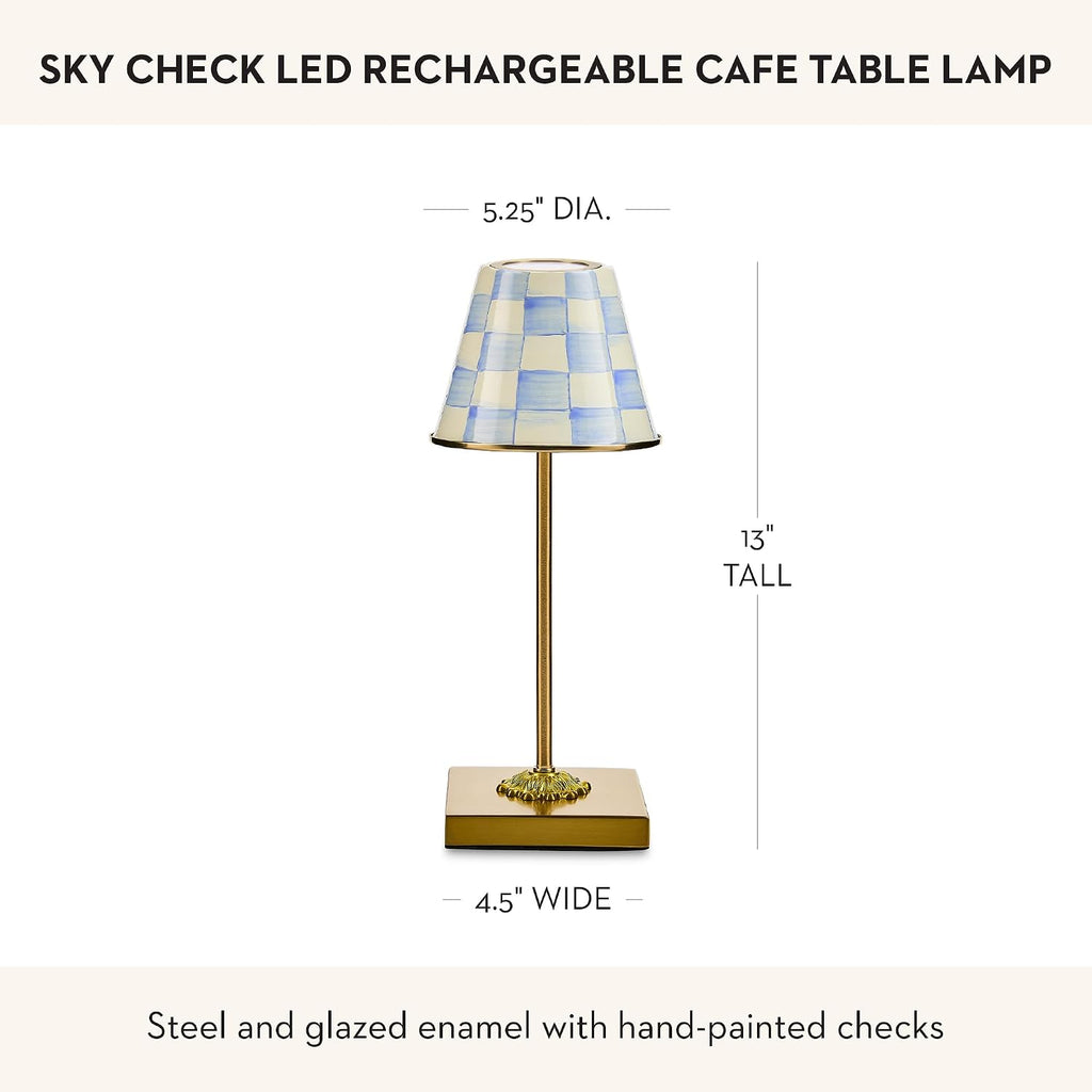 MACKENZIE-CHILDS LED Rechargeable Cafe Table Lamp, Cordless Decorative Lamp, Light-Blue-and-White Sky Check
