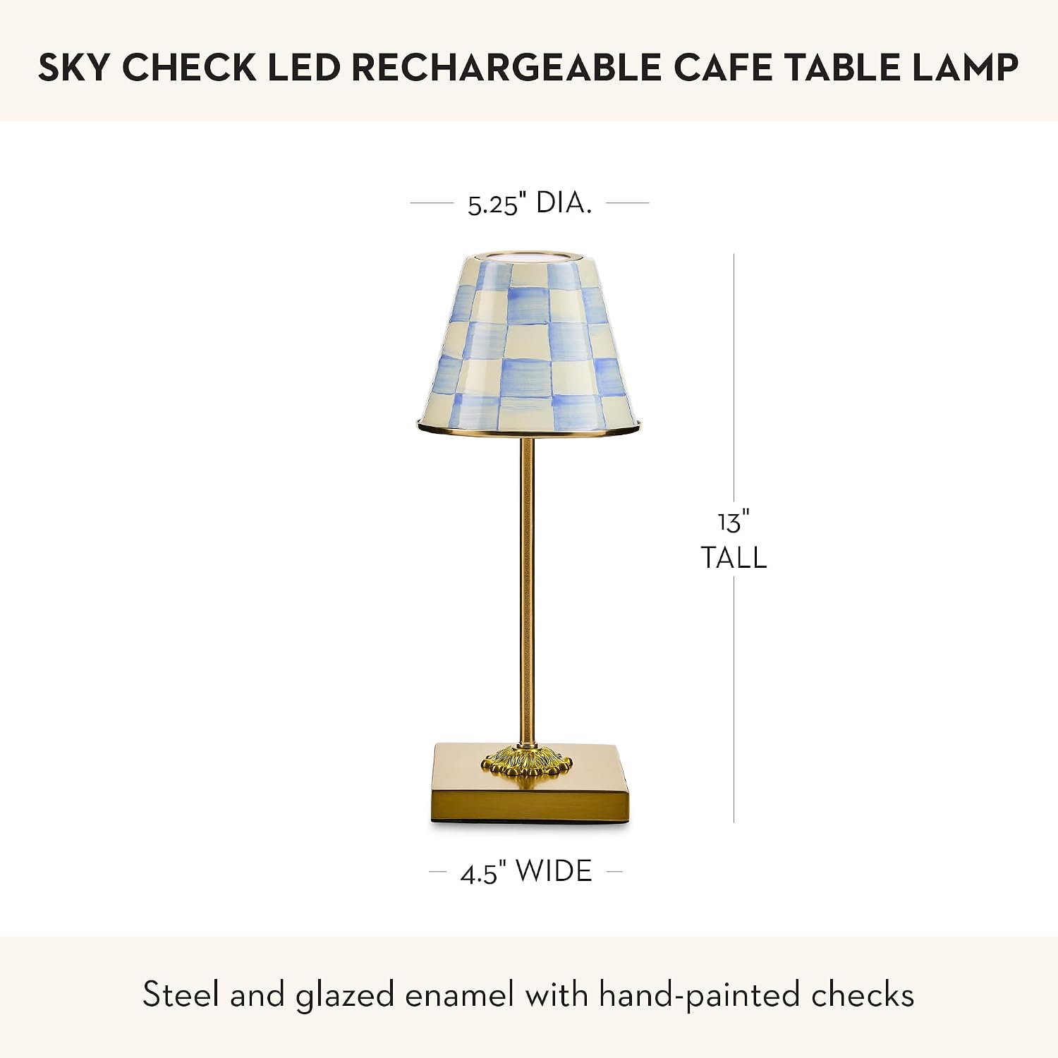 MACKENZIE-CHILDS LED Rechargeable Cafe Table Lamp, Cordless Decorative Lamp, Light-Blue-and-White Sky Check