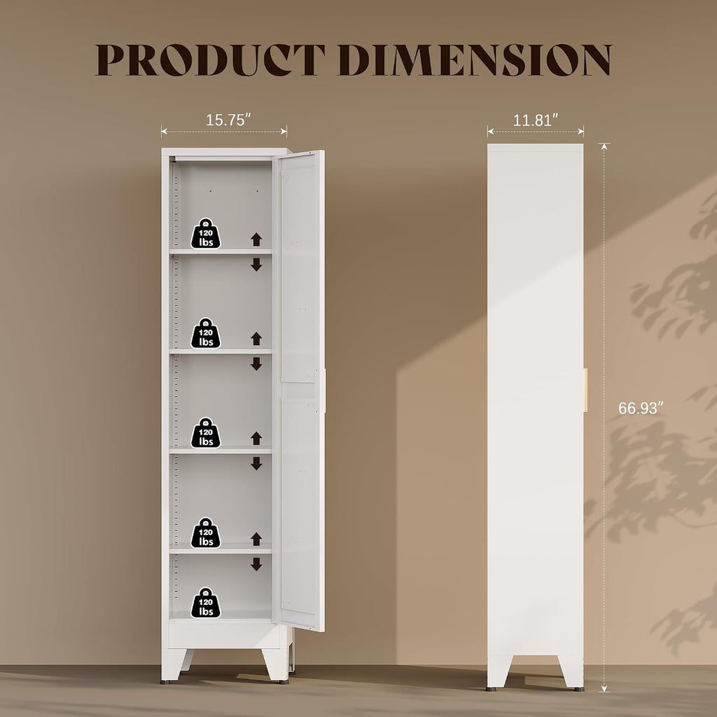 67'H Narrow Pantry Cabinet,Tall Skinny Pantry Storage Cabinet with Adjustable Shelves,Metal Narrow Kitchen Storage Cabinet,Slim and Thin Pantry Cabinets for Living Room Dining Room, White