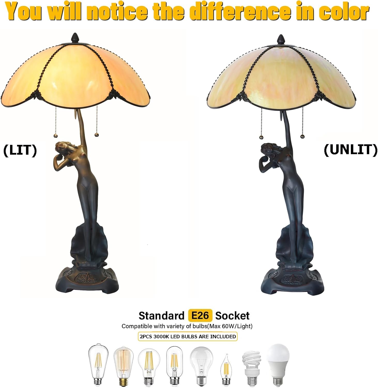 TL0033 Tiffany Style Table Lamp Handmade Stained Glass Umbrella Shade with Lady Sculpture Base W 15.75 X OH 27 Inches, Art Nouveau Lamp for Home Office, LED Bulbs Included