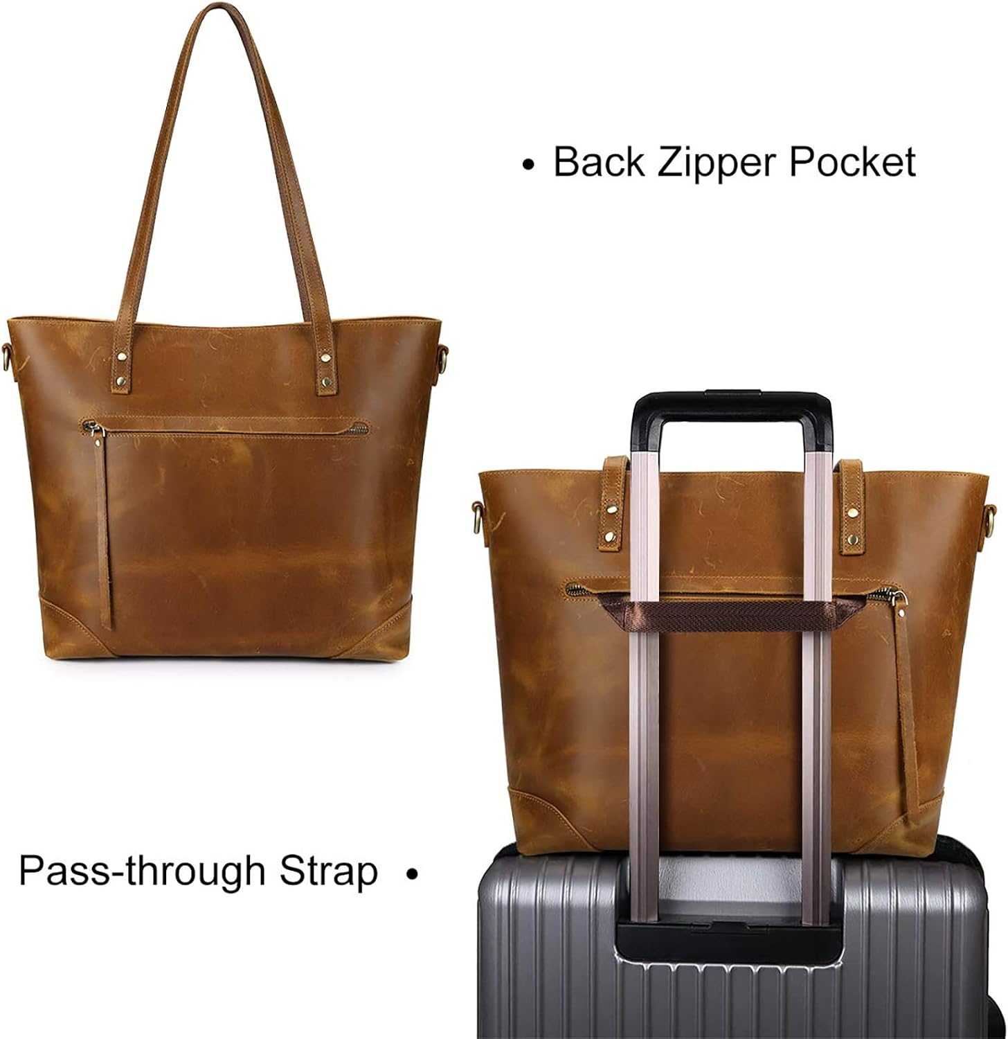 S-ZONE Vintage Genuine Leather Shoulder Bag Work Totes for Women Purse Handbag with Back Zipper Pocket Large