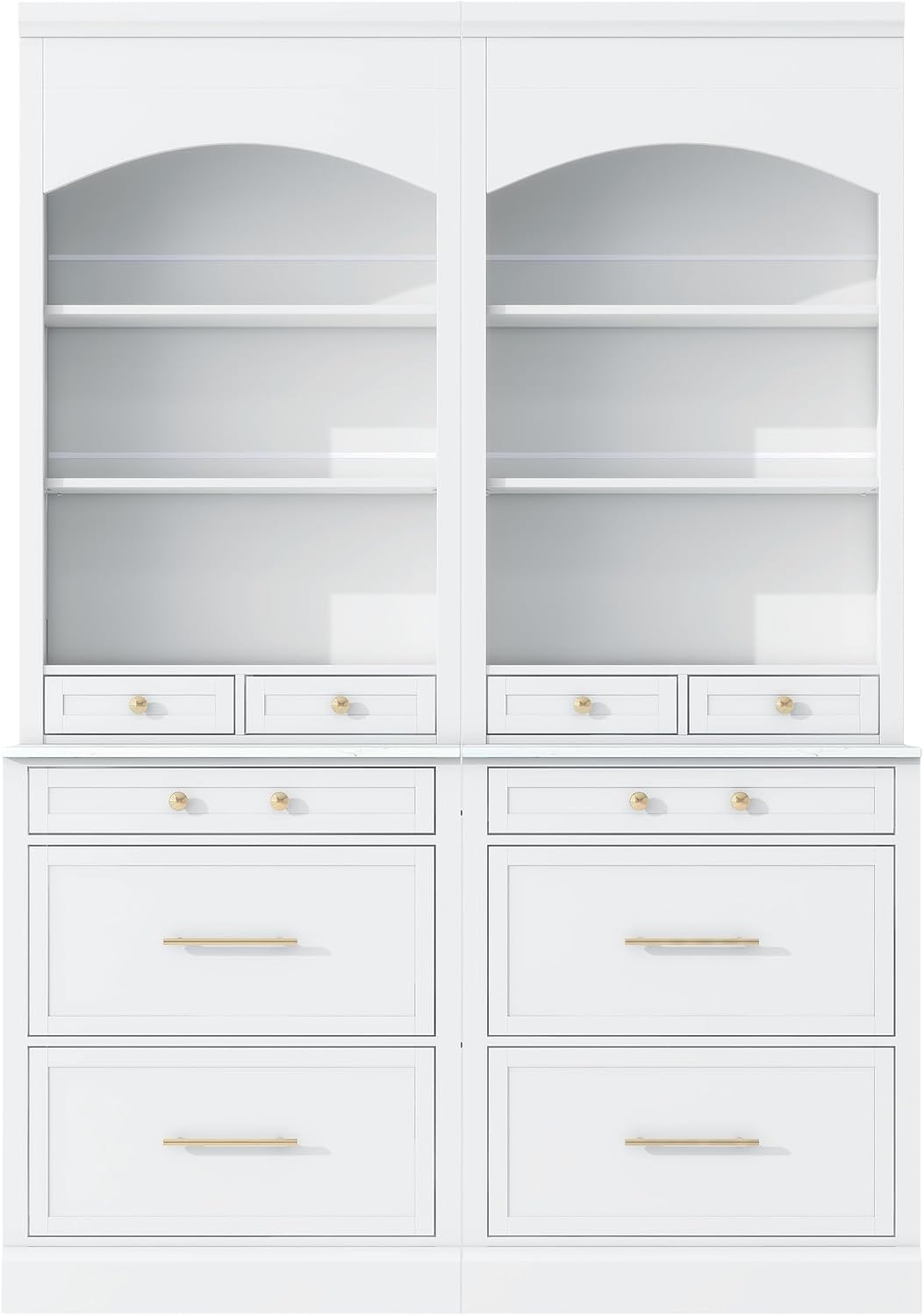 Modern 83.7inch High Kitchen Pantry, Freestanding Tall Kitchen Hutch with Faux Marble Top, Cupboard Cabinet with 5 Storage Drawers and Adjustable Shelf, Wood Storage Cabinet, Set of 2 (White-3)
