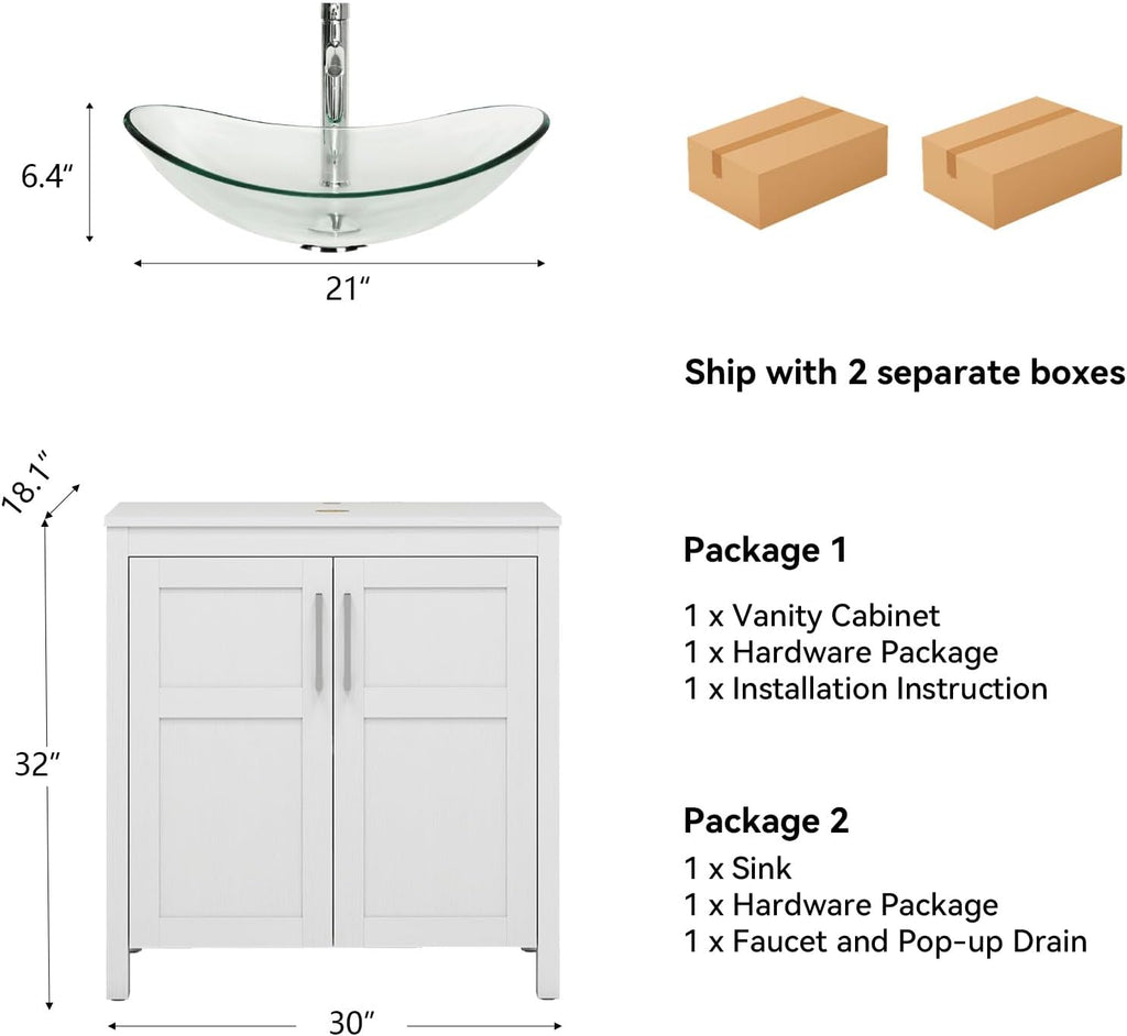YOURLITE 30 Inches Traditional Bathroom Vanity Set with Single Faucet Hole, Clear Boat Glass Sink, White Finish, 2-Door Cabinet