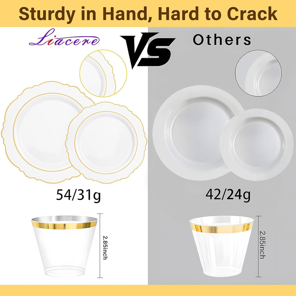 Liacere 700PCS Gold Plastic Plates - Baroque Dinnerware Sets for 100 Guests - 200 Disposable Plates（10inch，7inch）, 300 Gold Plastic Silverware, 100 Cups, 100 Napkins for Wedding & Easter Day