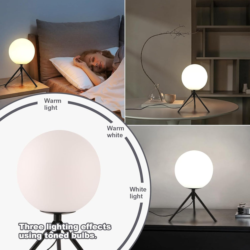 Black Globe Table Lamp Set of 2, Modern Minimalist Table Lamp with Milky White Shade, 8' Glass Ball Bedside Lamp Orb Nightstand Lamp Small Desk Lamps for Bedroom Living Room Home Office Study