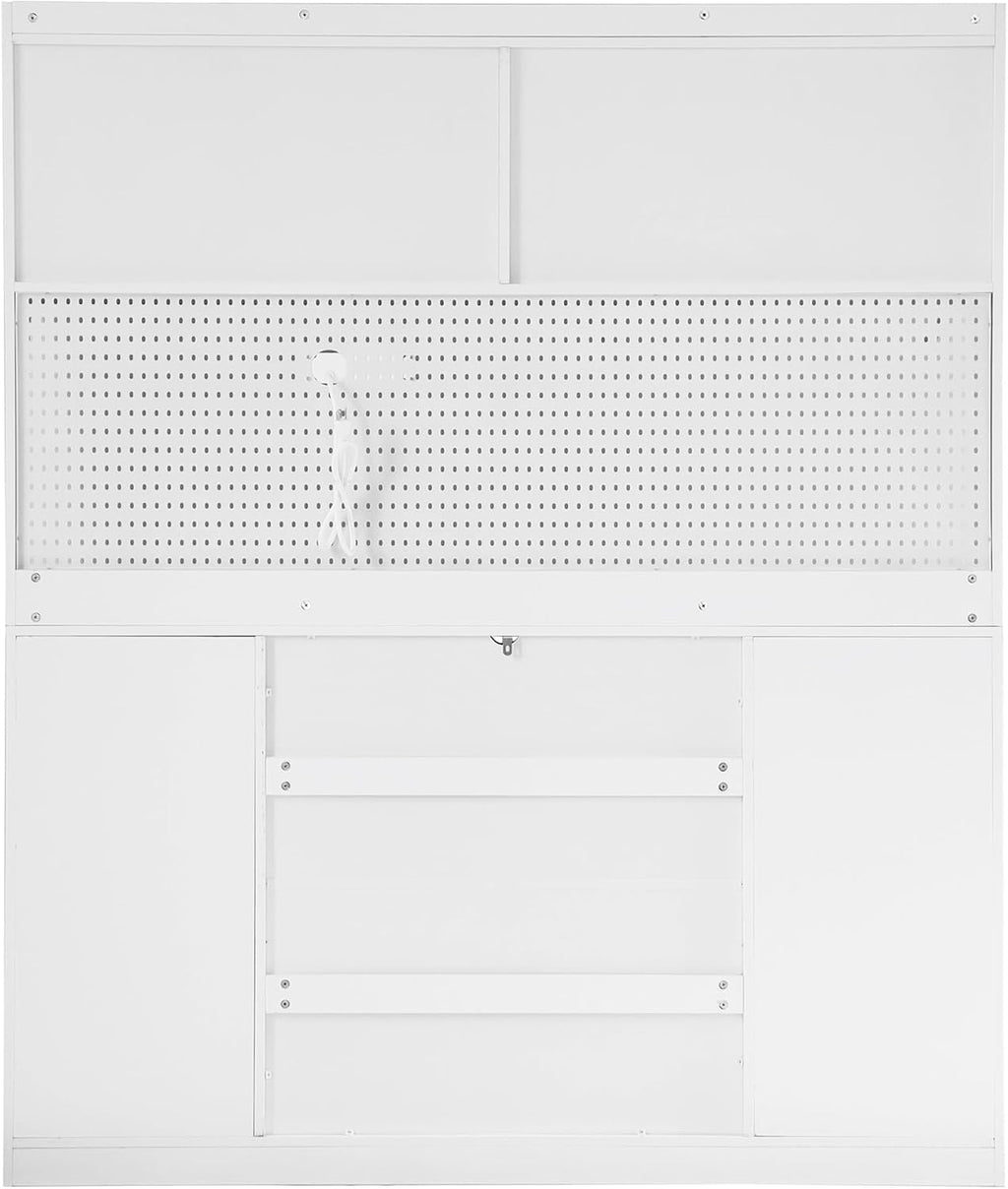 63'' W Buffet Cabinet with Hutch, Large Coffee Bar Storage Cabinet with 6 Drawers, Kitchen Pantry Sideboard with 5 Cabinets and Adjustable Shelves, Pegboard, Towel Rack, Power Outlet (White-Q12)