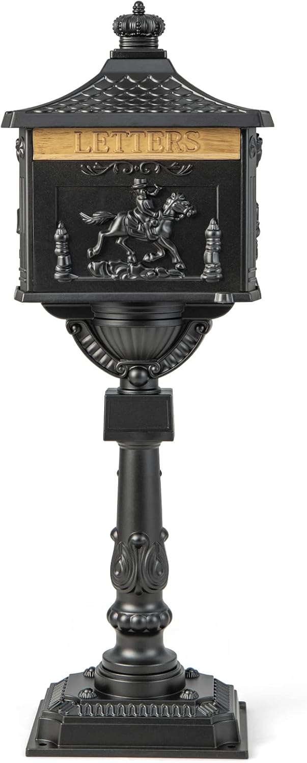 Giantex Cast Aluminum Mailbox with Post - Locking Residential Mailboxes for Outside with Keys, Baffle Door, Expansion Bolts, Address Panel, In-Ground Rust-Proof Large Security Postal Mailbox (Black)