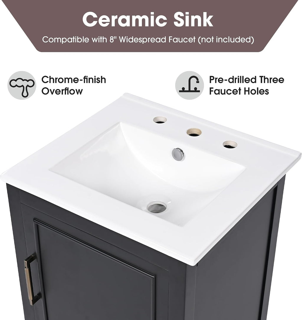 Favfurish 20' Bathroom Vanity with Sink,Water-Resistant Wood One Cabinet Vanities w/Door Shelf Storage and Adiustable Foot Pads,A Drawer,Multi-Functional Storger Space,Black