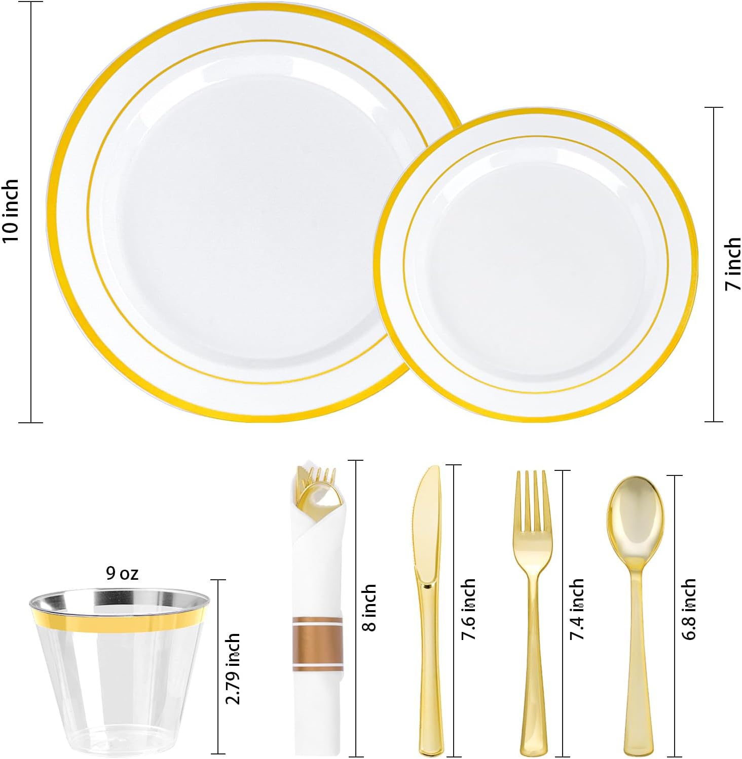 700 PCS Gold Plastic Dinnerware Set for 100 Guests, 200 DisposablePlates for Party, 100 Pre Rolled Napkins with Gold Silverware, 100 Cups