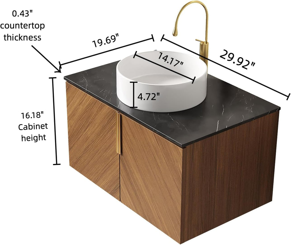 30 Inch Floating Vanity with Sink Combo, Modern Bathroom Vanity with Vessel Sink, Wall-Mounted Bathroom Vanity Cabinet with Doors, Sintered Stone Countertop and Round Basin,Brown Oak