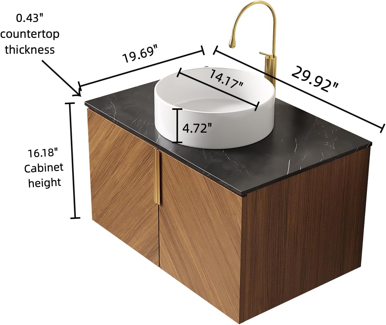 30 Inch Floating Vanity with Sink Combo, Modern Bathroom Vanity with Vessel Sink, Wall-Mounted Bathroom Vanity Cabinet with Doors, Sintered Stone Countertop and Round Basin,Brown Oak