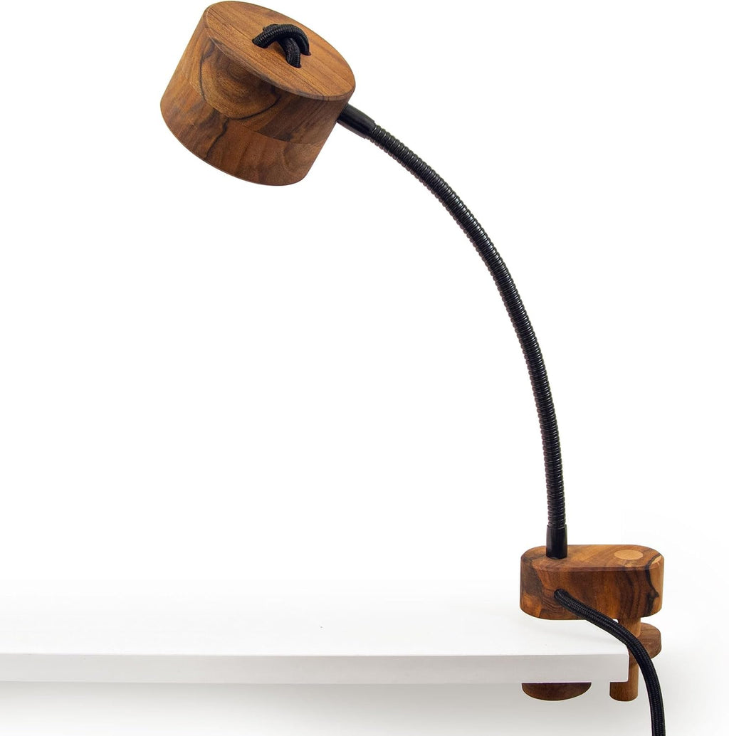 Wooden Bedside Clamp Light - Vintage Wood Led Table Lamp for Reading. Unique Modern Desk Clip Light for Bedroom, Living Room, Office. Mid-Century Scandinavian Design.
