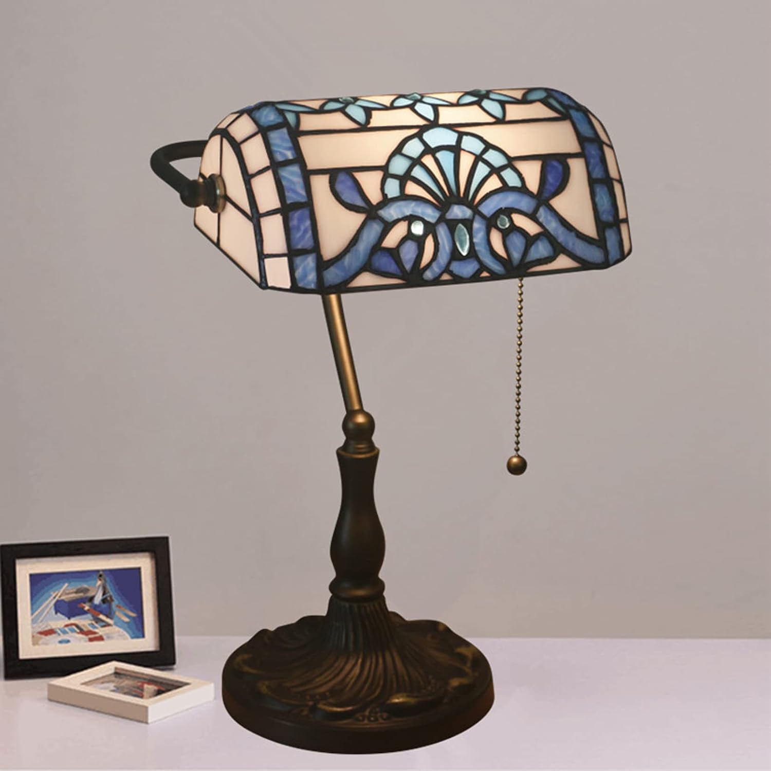 Tiffany Style Bankers Table Lamp Stained Glass Piano Desk Lamp Vintage Bedroom Bedside Lamp for Study,Antique Alloy Base,Zipper Switch,Blue Baroque