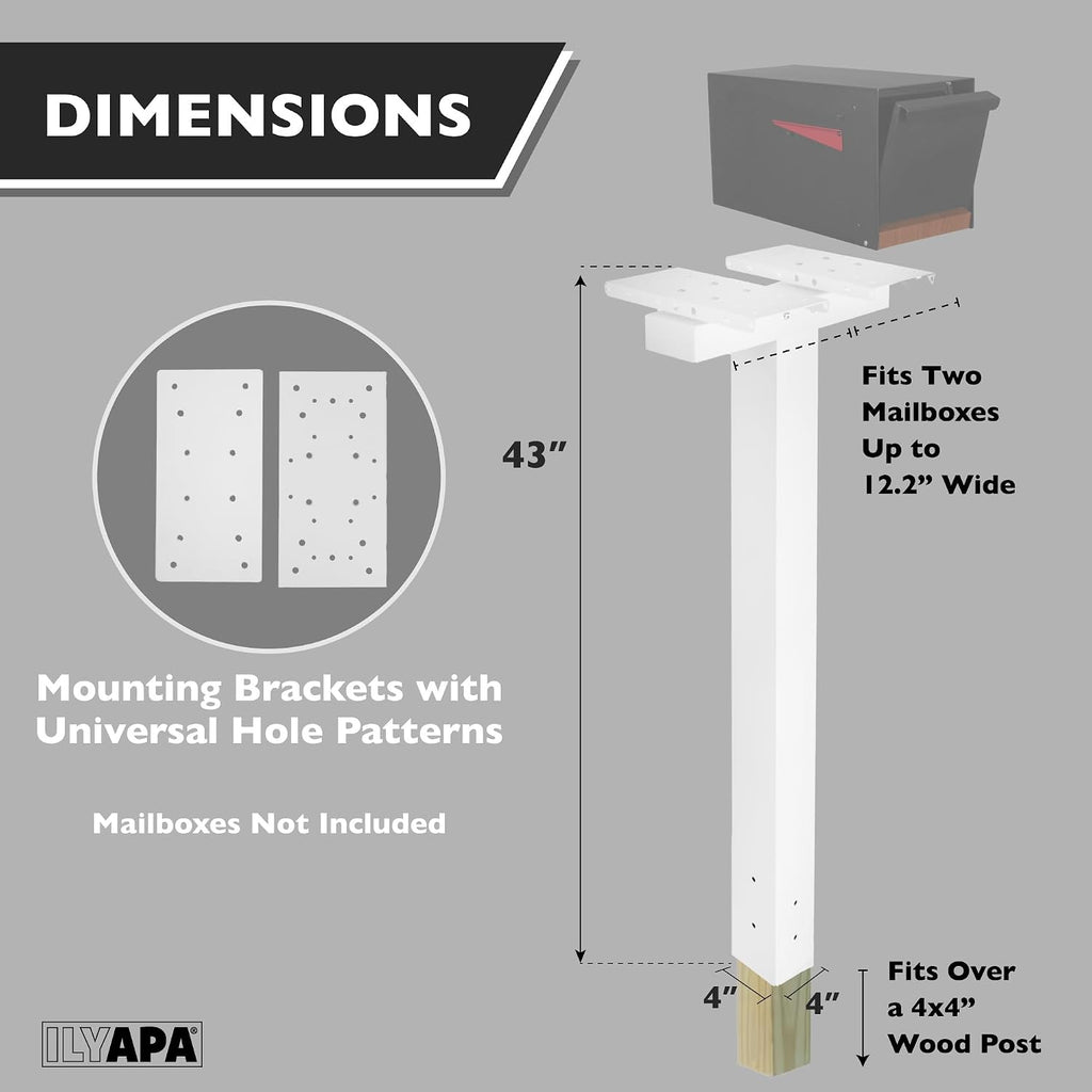 Ilyapa Double Mailbox Post for Outside - 43x4x4 inch White Metal Dual Mailboxes Post for Outside with Universal Mounting Bracket Plate for 2 Mailboxes
