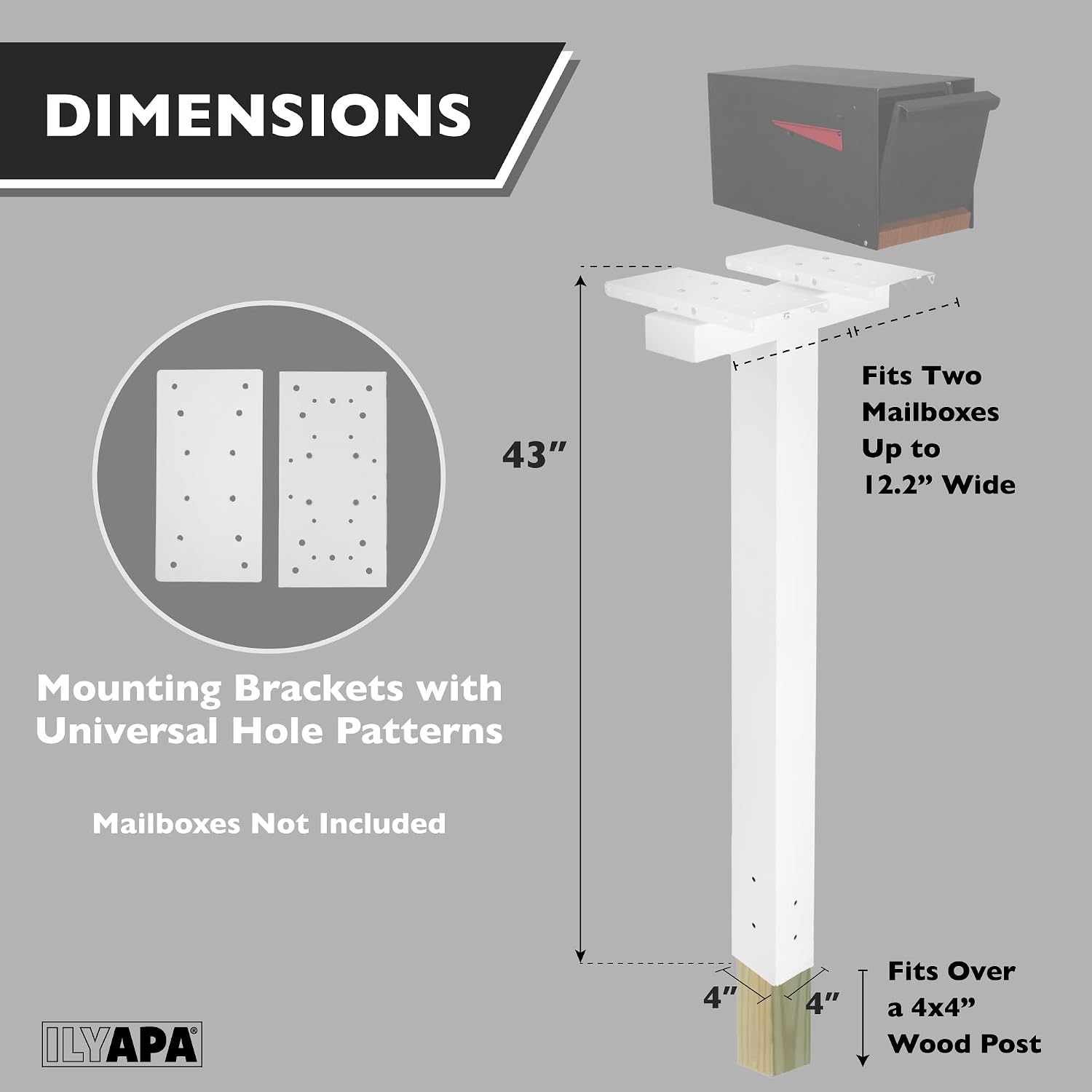 Ilyapa Double Mailbox Post for Outside - 43x4x4 inch White Metal Dual Mailboxes Post for Outside with Universal Mounting Bracket Plate for 2 Mailboxes